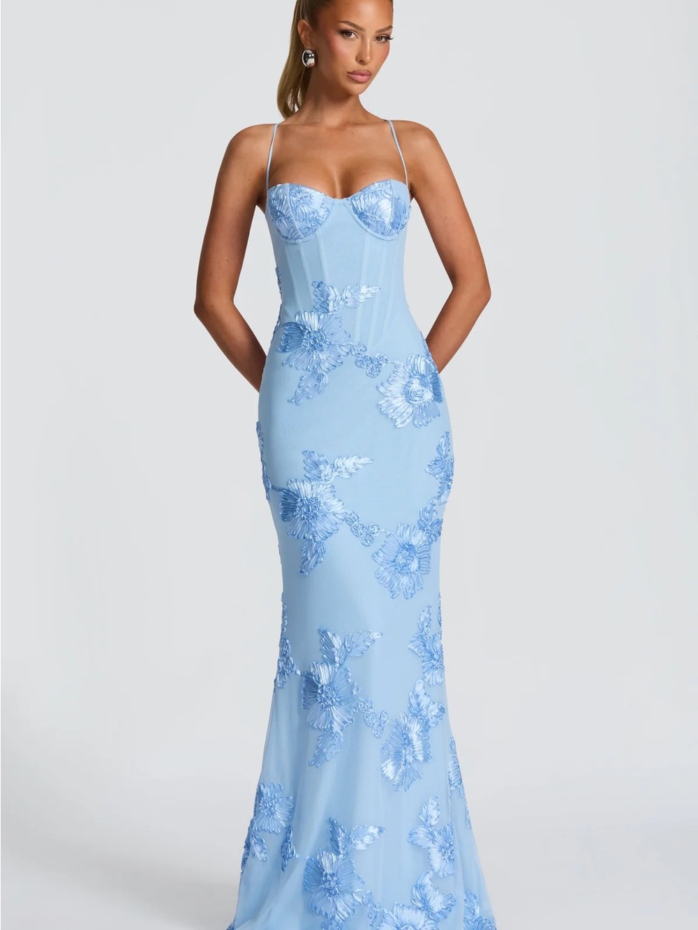 Strapless Light Blue Floral Embroidered Bustier Gown. Only worn once